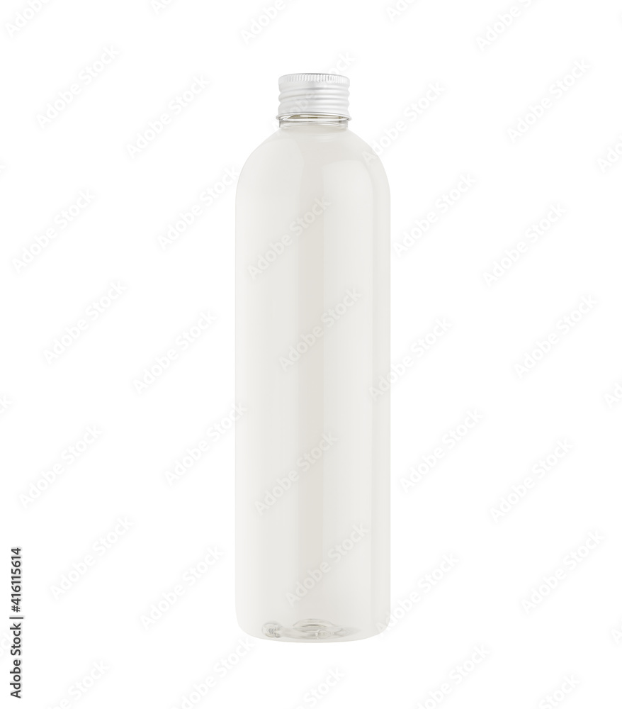Transparent plastic tall thin bottle with water or cosmetic product silver cap mockup, isolated. Template for design. Transparent plastic tall thin bottle with water or cosmetic product silver cap mockup, isolated. Template for design.