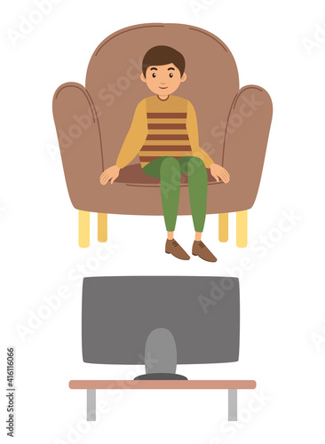 Illustration of a young boy watching a television sitting in armchair on a white background. Child watching cartoon spends a lot of time sitting at home, sedentary lifestyle, addiction to gadgets