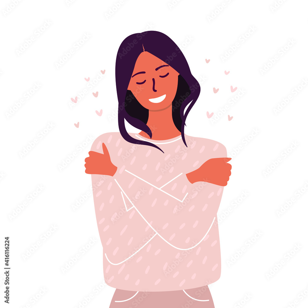 Flat vector cartoon illustration of a woman hugging herself. The