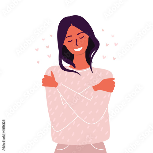 Flat vector cartoon illustration of a woman hugging herself. The concept of self-love, self care and self-acceptance.