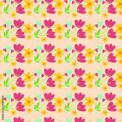 Seamless pattern background with spring floral elements in simple flat hand drawn style in line. Cute vector background. Flowers, hearts. Easter, 8 march wallpaper, textile design, digital paper