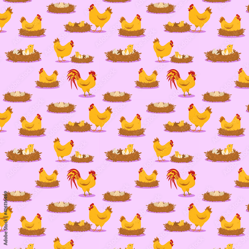 vector pattern on the theme of poultry on the farm. The birth of chickens from the appearance of eggs to hatching from them. Illustration for children's textiles and happy Easter
