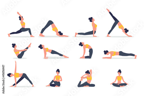 Set of poses woman yoga. Collection of female cartoon yoga positions isolated on white background. Full body yoga workout, eps 10