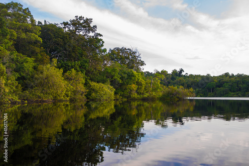 Reflections in the Rio Negro river in the Amazon Jungle, Brazil