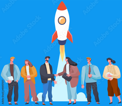 Business partners successful team. Investors make deal, financing of creative projects. Woman and man business handshake. Group of people shake hands standing near rocket, conclude new agreement