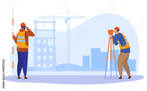 A man with a geodetic instrument makes a map of the terrain. Preparation for construction of buildings
