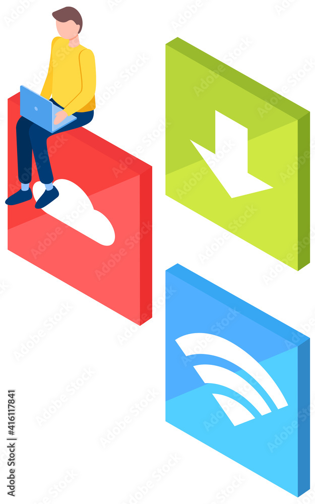 Man with signs of cloud, arrow to down and wi-fi. Freelance guy works on laptop vector illustration. Male character using wireless network to surf internet. Freelancer uses the cloud to store files Man with signs of cloud, arrow to down and wi-fi. Freelance guy works on laptop vector illustration. Male character using wireless network to surf internet. Freelancer uses the cloud to store files