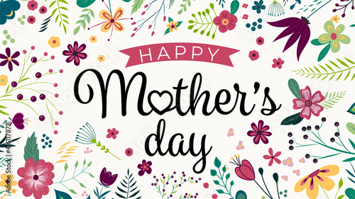 Happy Mothers Day. Elegant greeting card design with stylish text Mother's Day on colorful hand draw flowers decorated background