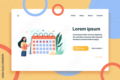 Woman checking menstruation calendar. Period, blood, lady flat illustration. Female health and organism concept for banner, website design or landing web page