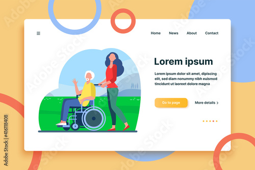 Young woman wheeling wheelchair with senior man. Volunteer helping disabled person flat vector illustration. Disability, volunteering concept for banner, website design or landing web page