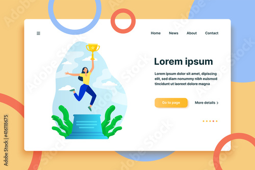 Woman celebrating victory. Girl holding gold cup on winner podium flat vector illustration. Winning, success, achievement concept for banner, website design or landing web page