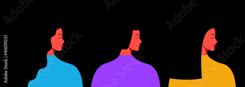 Profile of women. Female diversity. Banner for a social network. International Women's Day. Female characters with different haircut. Concept of feminism and friendship. Vector flat illustration.