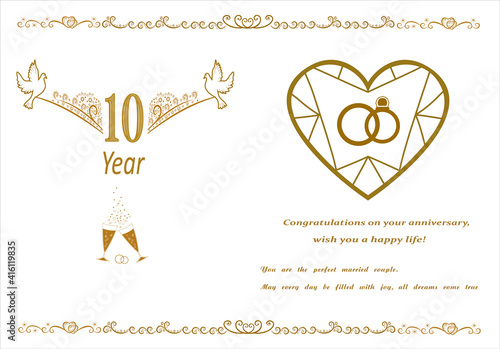 10th wedding anniversary card for congratulations and writing text. Vector illustration. Wedding glasses with champagne on a white background and doves