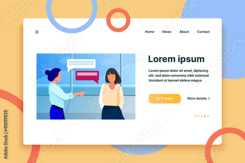 Woman pointing to girl and talking with her. Hand, forefinger, speech bubble flat vector illustration. Communication and conversation concept for banner, website design or landing web page