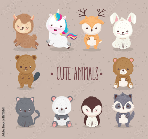 bundle of ten cute animals set icons and lettering vector illustration design