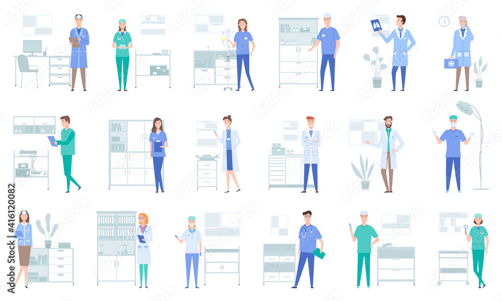 Set of illustrations about doctors work with equipment and instruments. Medical services concept. Patient health research and treatment. Provision of physician services in a medical institution Set of illustrations about doctors work with equipment and instruments. Medical services concept. Patient health research and treatment. Provision of physician services in a medical institution