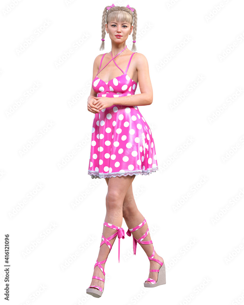Beautiful woman in red short polka dot dress. Beautiful woman in red short polka dot dress.