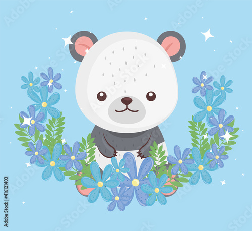 cute lovely , bear panda with flowers vector illustration design