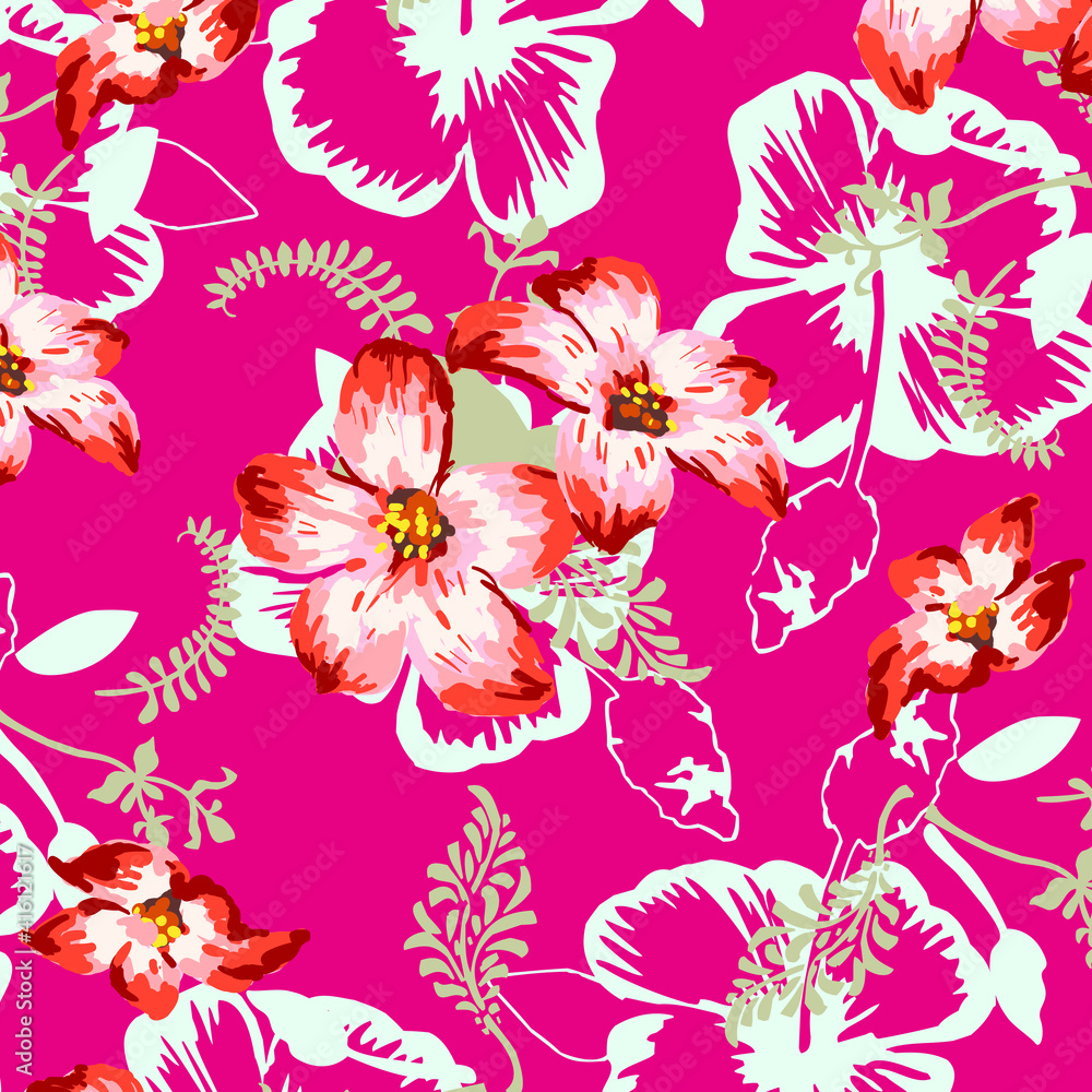 Vector tropical pattern with hibiscus flowers and tropical leaves. Floral background design 