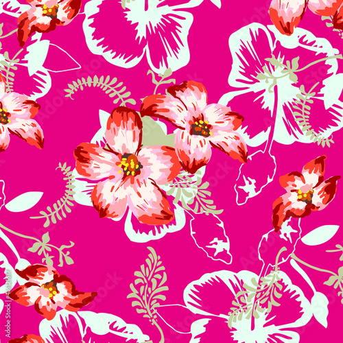 Vector tropical pattern with hibiscus flowers and tropical leaves. Floral background design 