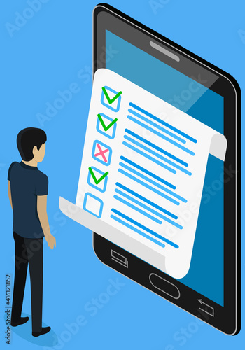Teenager studying questionnaire. Male character checks and grades exam. Online test concept. Cartoon character standing near big smartphone with checklist. Guy stands and studies form with answers