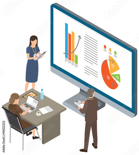 Businessman makes presentation to colleagues. Office workers characters discussing indicators. Business people talking communicating, discuss presentation graphs and charts. Business meeting concept