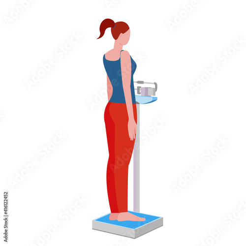 woman on the scales. mechanical scales. weighing, weight control. obesity and normal weight. stock vector illustration.