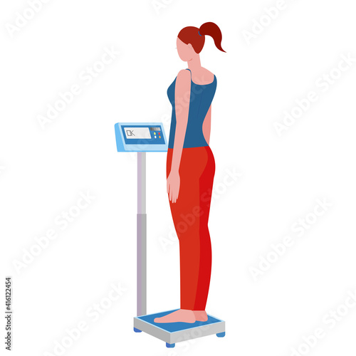 woman on the scales. electronic balance. weighing, weight control. obesity and normal weight. stock vector illustration.