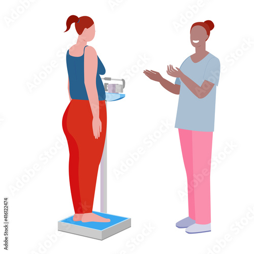 weight check. the nurse weighs the fat woman. mechanical scales
. weight control. stock vector illustration isolated on white background.