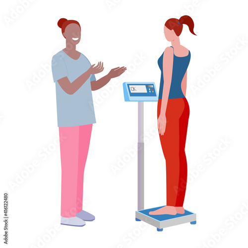weight check. the nurse weighs the patient. electronic scales.  weight control. stock vector illustration isolated on white background.