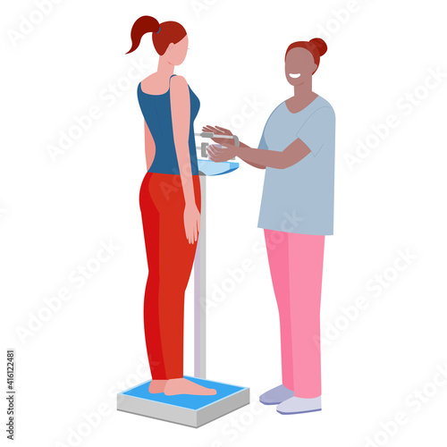 weight check. the nurse weighs the patient. mechanical scales
. weight control. stock vector illustration isolated on white background.