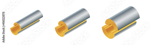 Isometric vector illustration heat insulation material for pipes isolated on white background. Realistic pipe heat insulation icon in flat cartoon style. Thermal insulation polyethylene foam coatings.