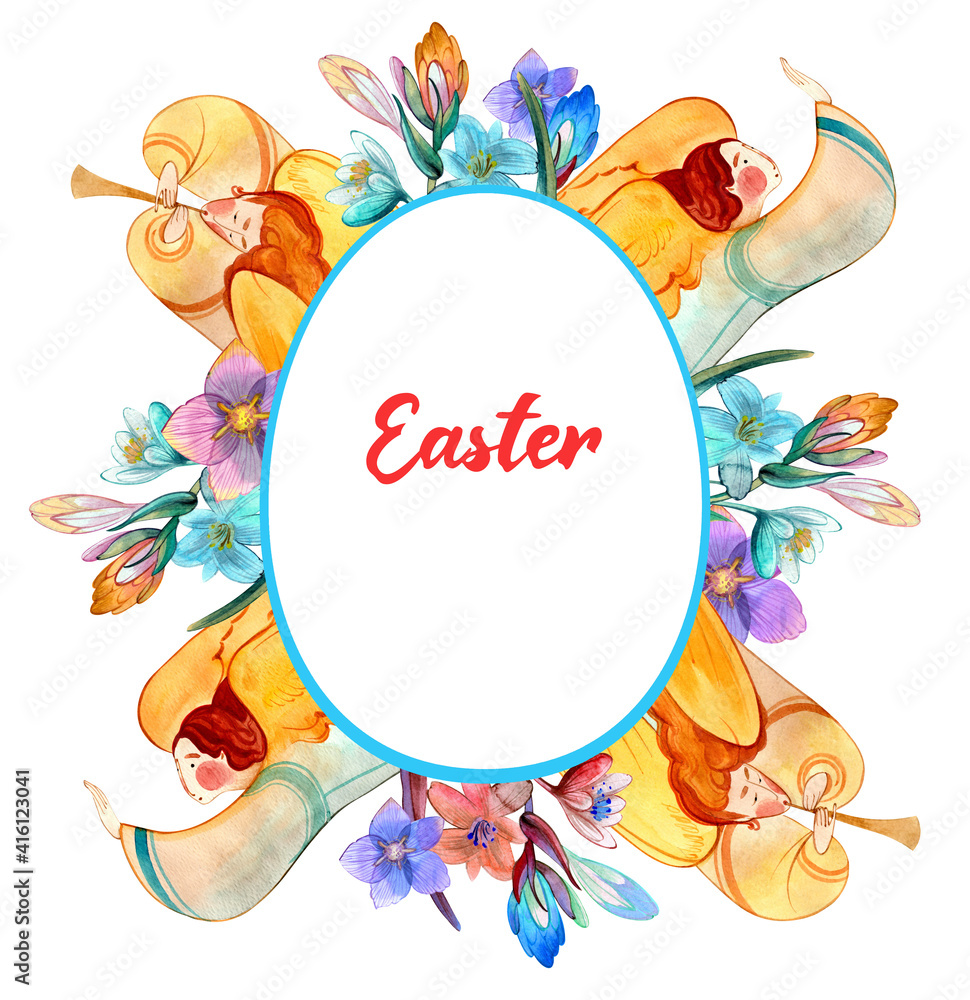 Floral Easter frame with angels. Bright, multicolored watercolor hand drawn Easter egg frame, lettering 