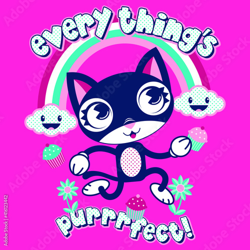 Illustration vector cute cat design with rainbow and text for grils or fashion design