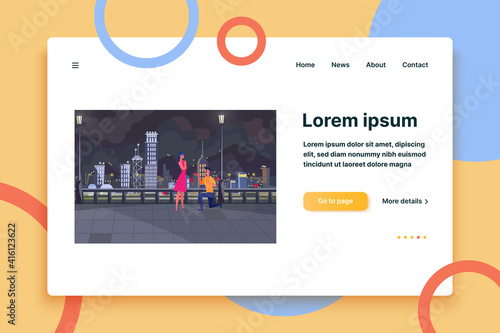 Young man proposing girlfriend outside. City, giving ring, couple, night flat vector illustration. Engagement, love, marriage concept for banner, website design or landing web page