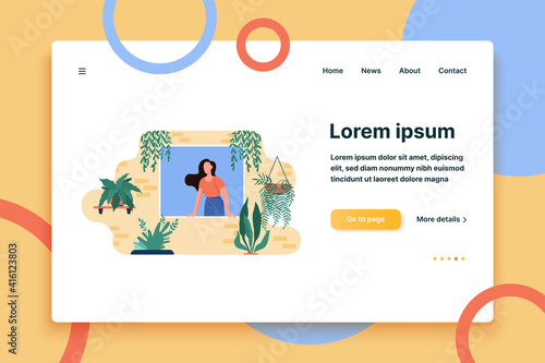 Woman sticking out from window with home plants. Houseplants, greenhouse, eco interior flat vector illustration. Household, housecleaning concept for banner, website design or landing web page