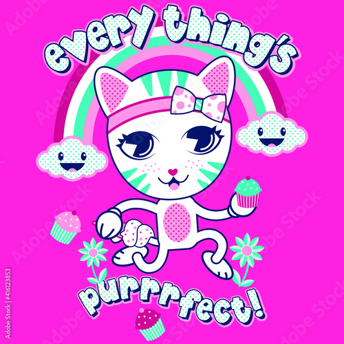 Illustration vector cute cat design with rainbow and text for grils or fashion design