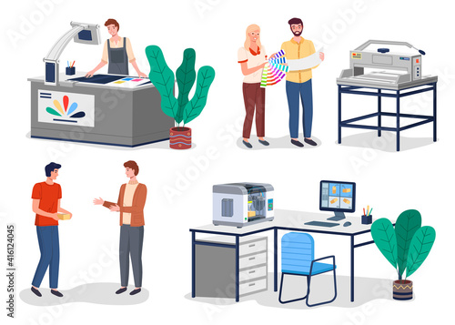 Printing house different equipment. Printer plotter, offset cutting machines and people workers. Industrial polygraphy isometric vector icons with man and woman at their workplaces in typography