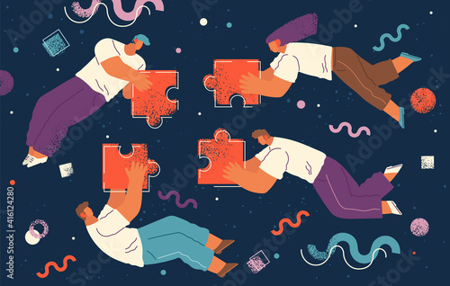 People flying in abstract imaginary space organizing puzzle pieces and different geometric shapes. Group of young men and women collecting figures. Teamwork and team building organization concept
