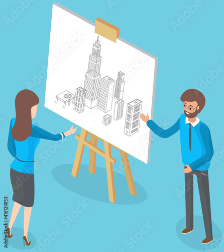Architect engineer showing drawing building blueprint on easel board to colleague builder at meeting. Project team conference, session with presentation of new facility with many urban buildings