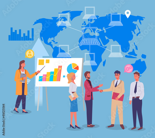 Collaboration of partners, successful deal, office workers handshaking, woman near board with presentation, international deal, contract, partners or colleagues, businesspeople and partnership
