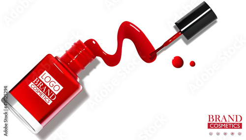 Red nail polish spilled from the bottle with brush on white background. Top view.3D vector illustration. photo