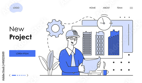 Male architect holding drawing of new project. Man working on plan in engineer office. Website, web page, landing page template. Flat outline cartoon vector illustration