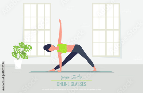 Online yoga practice concept. Banner design for yoga studio. Vector illustration