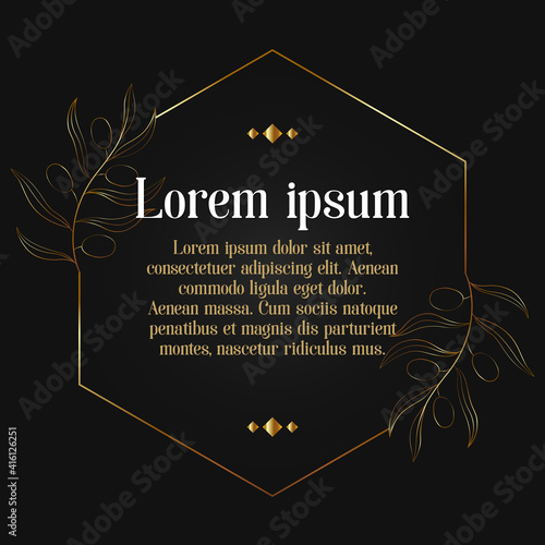 Page design template with golden branches of olives in a gold frame on a black background, for flyer design, card or banner of farmers market. Vector, illustration
