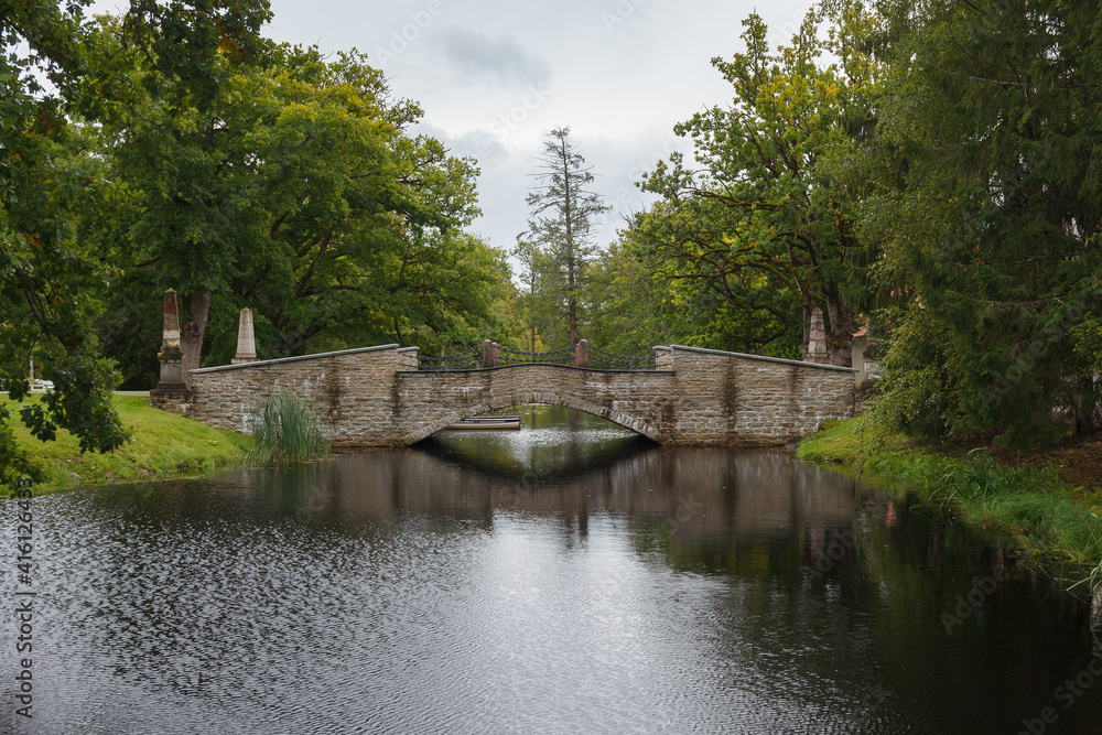Stone bridge in front of old Castle Koluvere, Estonia