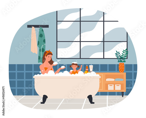 Mother is taking a bath with her daughter at home. Concept of family taking a bath. Happy kid is playing with bath foam. Flat cartoon vector illustration