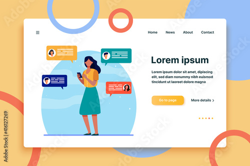Young woman chatting with friends via smartphone. Mobile phone, device, chat flat vector illustration. Communication and digital technology concept for banner, website design or landing web page