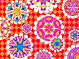 Bright colorful seamless textile pattern with flowers on a red geometric background.