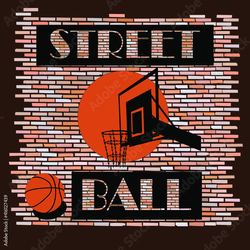 
basketball backboard with a ball painted on an old wall with streetball inscription